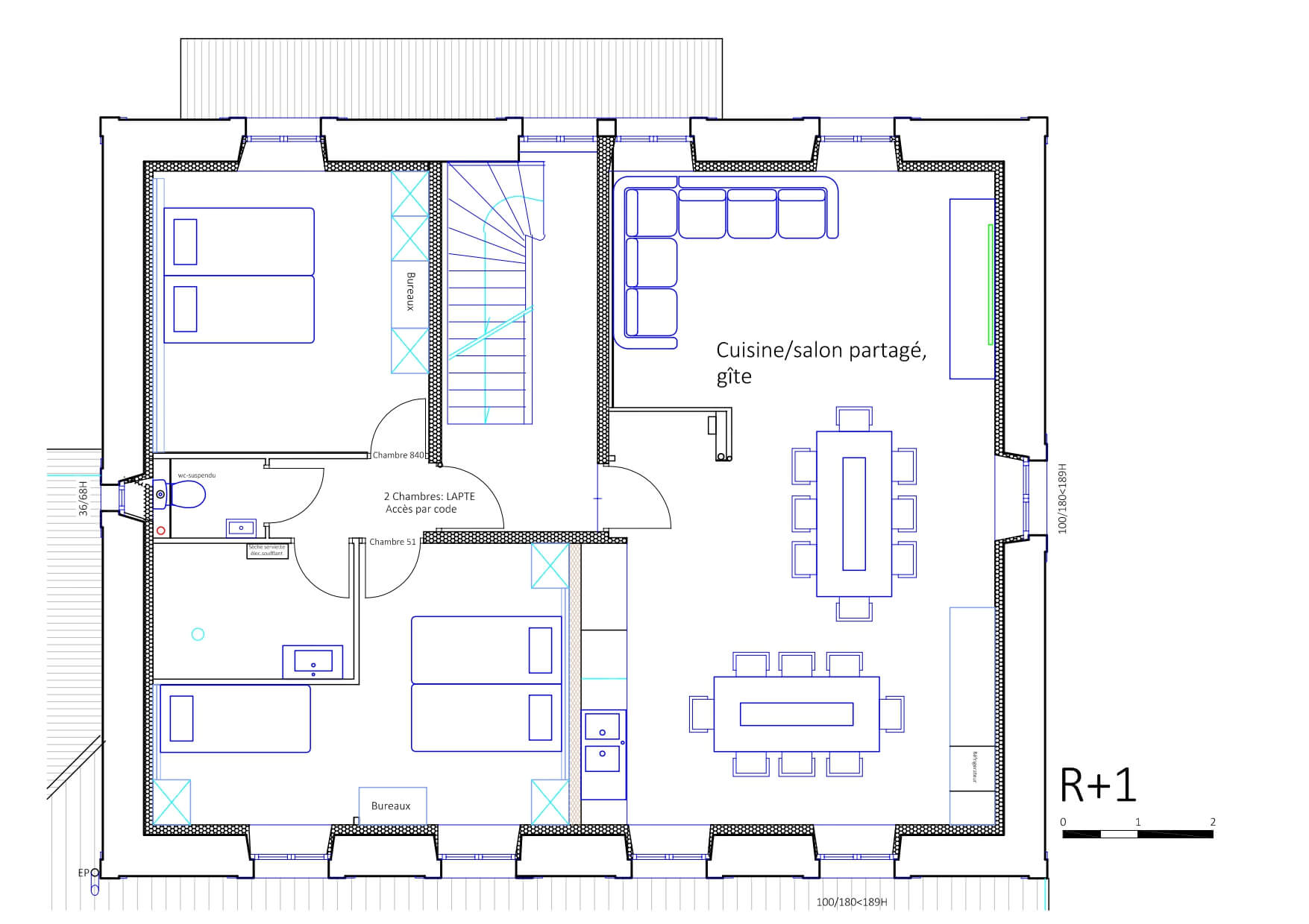 Plan du premier étage du gîte La Bamboche à Lapte avec chambres et sanitaires.