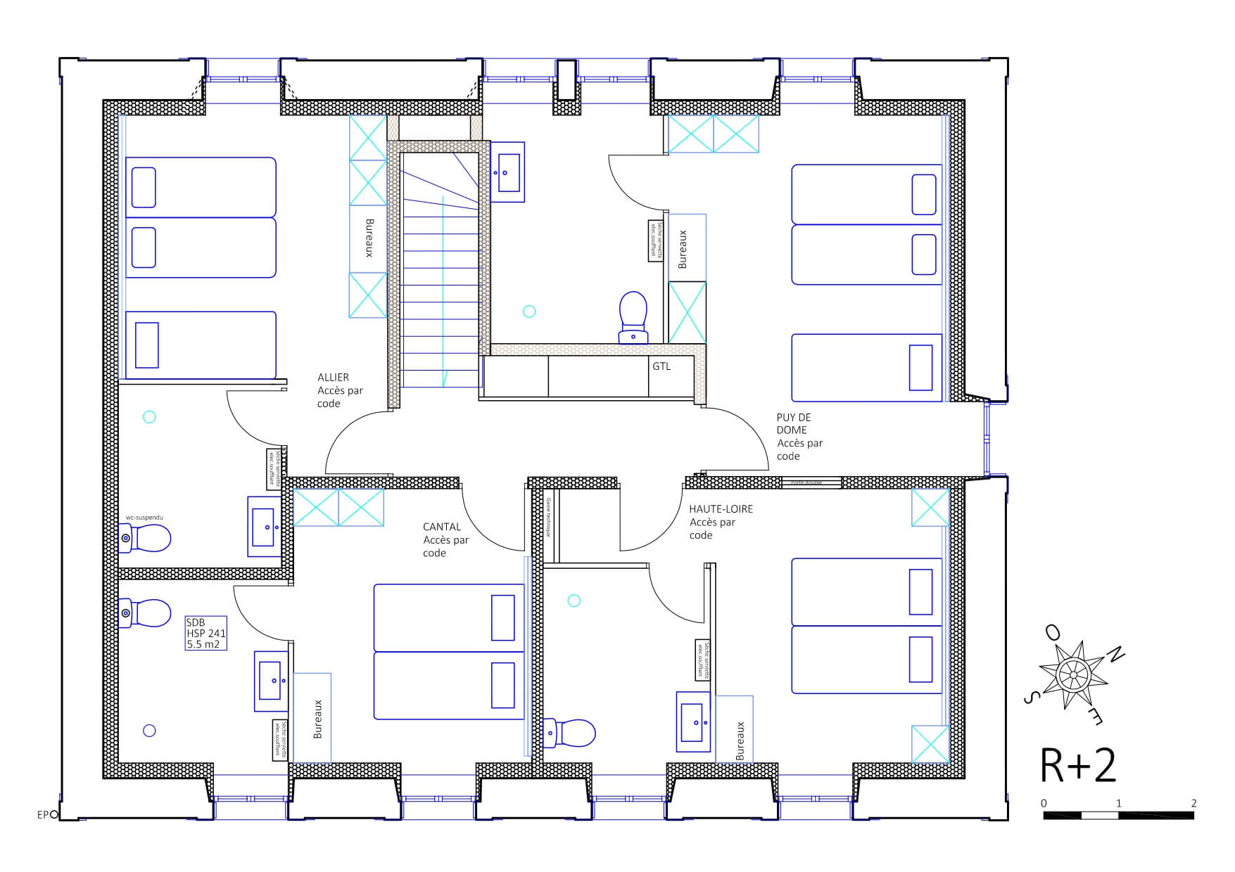 Plan du deuxième étage du gîte La Bamboche à Lapte avec dortoirs et espaces nuit.