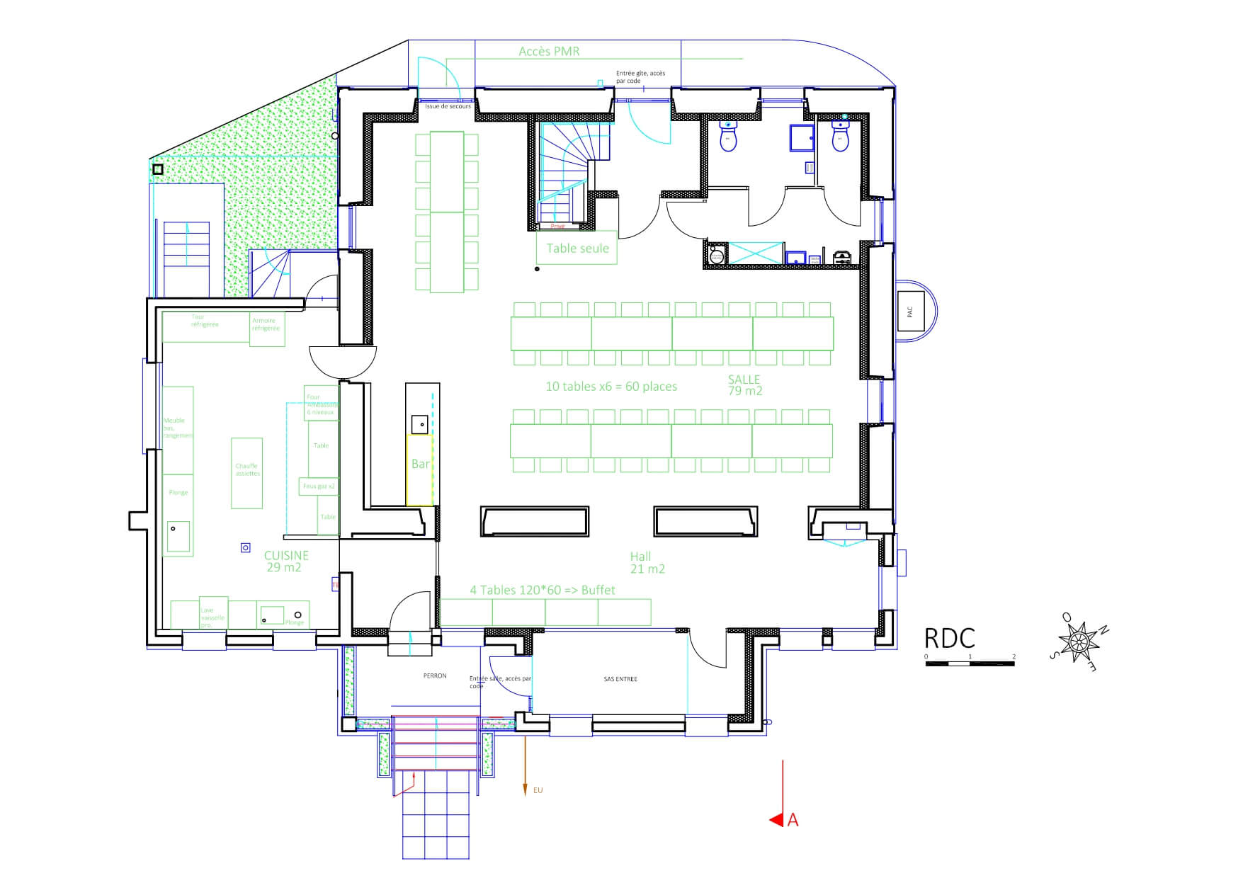 Plan du rez-de-chaussée du gîte La Bamboche à Lapte avec cuisine professionnelle, salle de réception et accès PMR.